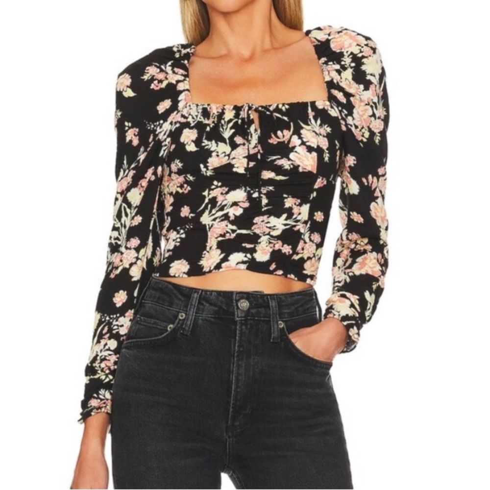 Free People  Hilary Black Floral Cropped Square Neck Smocked Top FP Size…